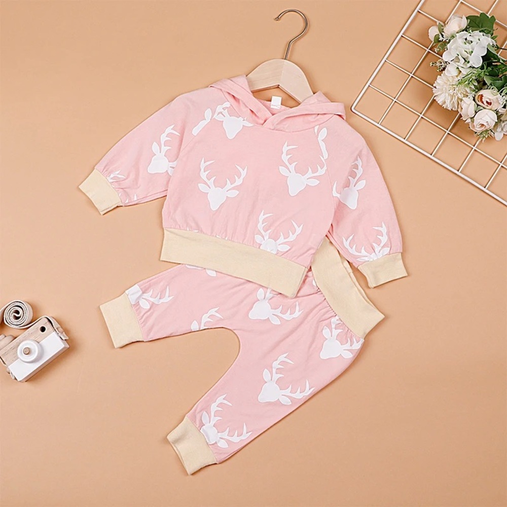 Deer Pattern Long-sleeve Hooded Top and Pants Set